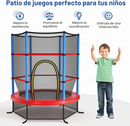 Vista 7 de Giantex - Trampolín infantil de 55”, con red de seguridad y almohadilla de resorte, marco de acero resistente con cremallera integrada Azul /Rojo