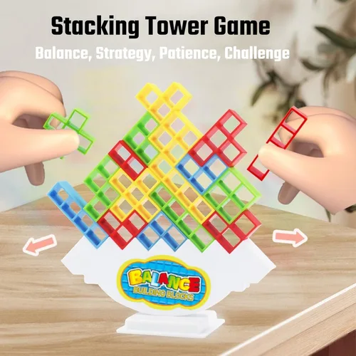 Vista 2 de Juego de torre apilable de 64 piezas con 22 cartas, juego gigante de equilibrio de caída para niños, juegos familiares para niños y adultos, regalos