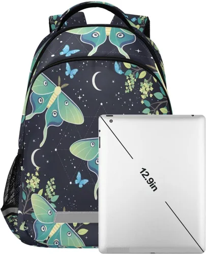 Vista 7 de ALAZA Mochilas de viaje con diseño de mariposa, luna y estrella, color azul turquesa, mochila escolar para hombres, mujeres, adolescentes y niños