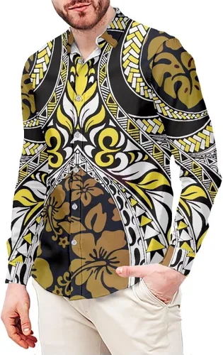 Vista 32 de Camisas polinesias para hombre con patrones de hojas tropicales polinesias, camisa hawaiana de manga larga para hombre, ropa de vacaciones de otoño