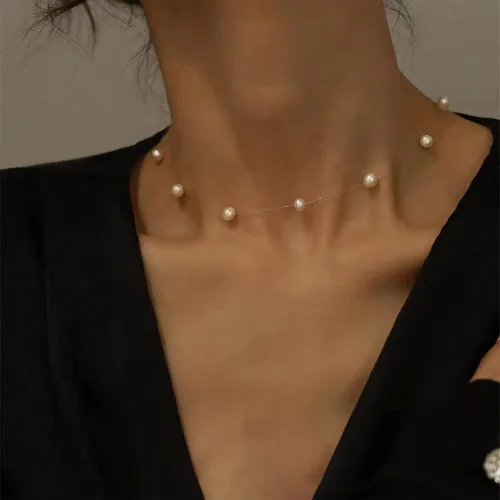 Vista 5 de Gargantilla bohemia con hebras de perlas invisibles, cadena satélite de perlas pequeñas, collar de perlas barroco, collar de perlas con cuentas