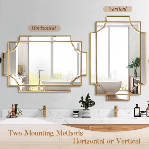 Vista 4 de Espejo de baño dorado para pared, espejo rectangular de tocador de 24 x 36 pulgadas, espejo decorativo moderno biselado pulido para entrada, sala