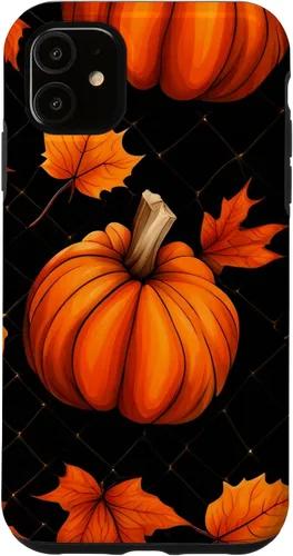 Vista 5 de iPhone 14 calabazas negro y naranja cuadros otoño hojas otoño Halloween caso
