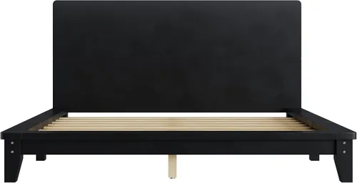 Vista 7 de JIVOIT Base de cama de plataforma de tamaño matrimonial con cabecero, cama de plataforma de madera estilo retro con patas de madera maciza Negro