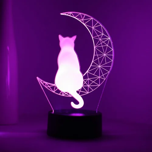 Vista 8 de EXIGENT Lámpara LED 3D Luna Gato Lámpara Acrílico Ilusión Noche Intermitente Fresco (Moon_Cat)