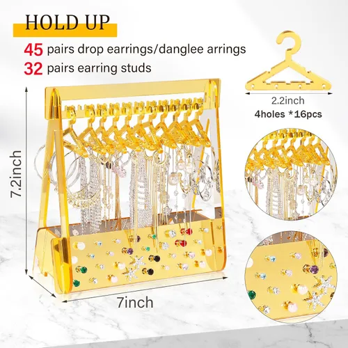 Vista 7 de DI QIU REN Soporte para aretes, soporte de acrílico para aretes con 16 mini perchas, soporte de exhibición de aretes dorados, organizador