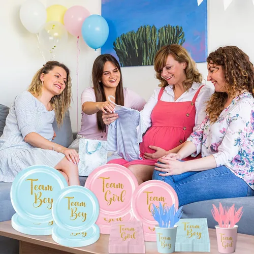 Vista 2 de 120 piezas de suministros para fiesta de revelación de género para bebé, equipo niño o niña, platos de papel, servilletas, color rosa y azul