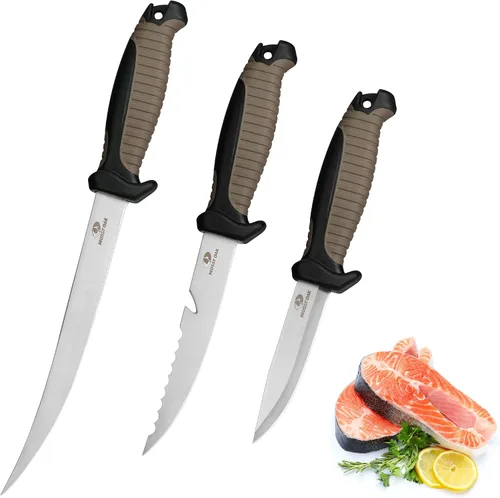 Vista 8 de Mossy Oak Juego de cuchillos de filete de pesca de 3 piezas con funda protectora, cuchillos de filete de acero inoxidable con mango antideslizante