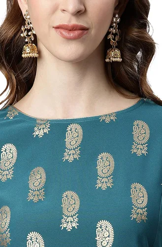 Vista 7 de Janasya Kurta de crepé polivinílico verde azulado para mujer india
