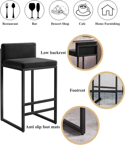 Vista 7 de Juego de 1/2 taburetes de bar, sillas de bar tapizadas de terciopelo con reposapiés, taburetes de encimera de cocina, marco de hierro de metal negro