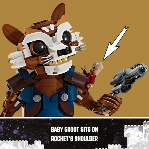 Vista 5 de LEGO Marvel Rocket & Baby Groot Minifigure, Guardians of the Galaxy Inspired Marvel Toy for Kids, Buildable Action Figure for Play and Display, Gift