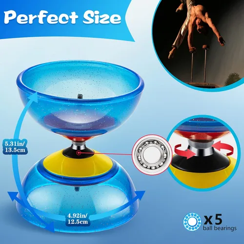 Vista 2 de Juego de 6 piezas de juguetes de Diábolo chino incluye 5 pulgadas, cinco rodamientos, juguetes de bola azul Yoyo con 2 palos de aleación, 2 cuerdas