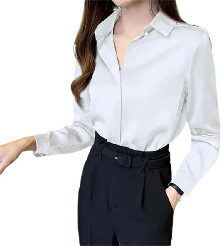 Vista 3 de Camisa de cuello alto para mujer, blusa de oficina elegante y holgada con botones sólidos