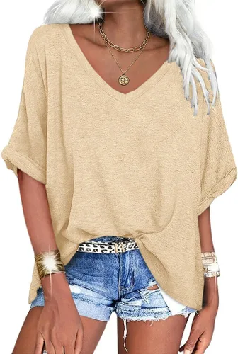 Vista 31 de UNCLECAT Camisetas de gran tamaño con cuello en V para mujer, camisas de manga corta de verano, holgadas, casuales