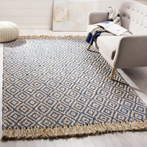 Vista 11 de SAFAVIEH Natural Fiber Collection - Alfombra decorativa, 2.3 x 4 pies, azul tropical y natural, yute bohemio con borlas de diamante, hecho a mano