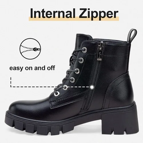Vista 8 de Vepose Botines de combate 9626 para mujer, plataforma con cordones y tacón grueso con cremallera lateral