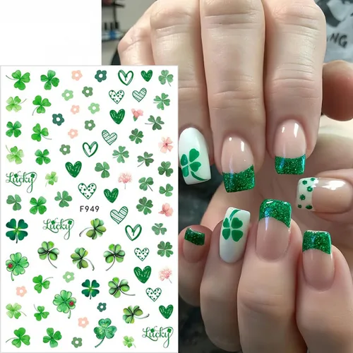 Vista 3 de 8 hojas de calcomanías de arte de uñas del día de San Patricio, calcomanías de uñas de trébol 3D, autoadhesivas, trébol verde, diseño de uñas