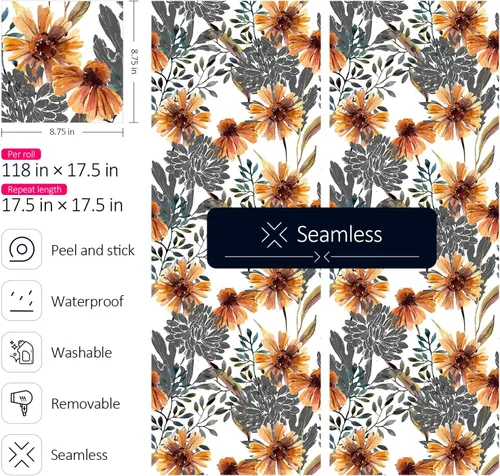 Vista 6 de ReWallpaper Papel tapiz floral vintage para pegar y despegar con girasoles amarillos, papel de contacto floral para paredes, armarios, estantes
