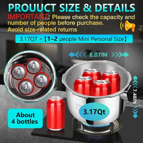 Vista 3 de Olla a presión de acero inoxidable de 3 cuartos pequeña, 8 en 1, compatible con inducción, más de 8 características de seguridad, estufa