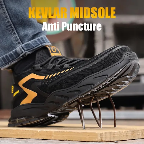 Vista 3 de GLANOUDUN Zapatos con punta de acero para hombre, zapatos de trabajo para hombres, zapatos de seguridad ligeros y cómodos, puntera de acero, zapatos
