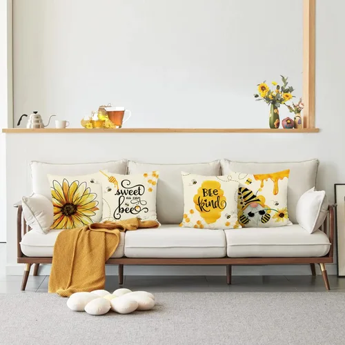 Vista 3 de Bonhause Juego de 4 fundas de almohada de 18 x 18 pulgadas con diseño de abeja de verano, diseño de gnomo de girasol, color amarillo miel, fundas