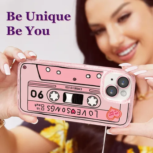 Vista 6 de Compatible para iPhone 13 Funda Bonita Estética - Funda para Teléfono Rosa con Purpurina con Protector de Cámara - Diseño de Cubierta