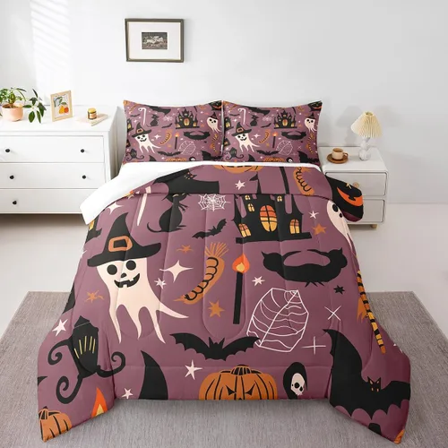 Vista 12 de Erosebridal Ropa de cama de Halloween para niños y niñas, juego de edredón espeluznante de dibujos animados, tamaño individual, relleno de edredón