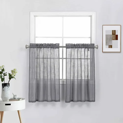 Vista 24 de 2 piezas de cortinas de aspecto de lino sólido y elegante, paneles totalmente cosidos, niveles de tratamiento de ventanas