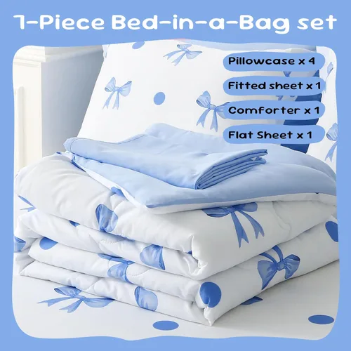 Vista 4 de Wajade Juego de edredón de 7 piezas con lazo azul para niñas, juego de ropa de cama tamaño individual con sábana y 2 fundas de almohada, 2 fundas