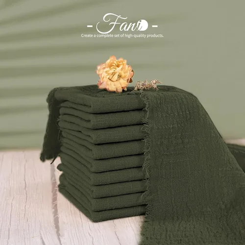 Vista 4 de Paquete de 60 servilletas de tela hechas a mano con flecos, servilletas de lino de algodón verde oliva, servilletas de cena de algodón rústico suave