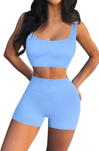 Vista 4 de QINSEN Conjuntos de entrenamiento para mujer, 2 piezas, sin costuras, camiseta acanalada sin mangas, pantalones cortos de cintura alta, atuendo
