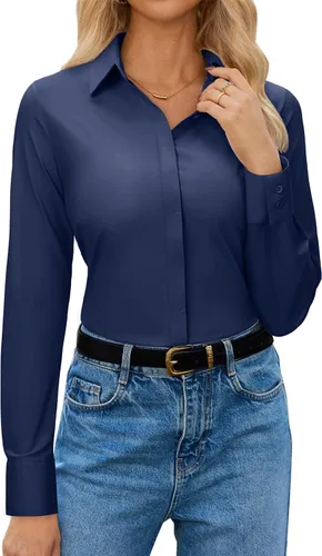 Vista 11 de siliteelon Womens Button Down Shirt Stretch Dress Shirt Collared Long Sleeve Hidden-Button Work Shirt Wrinkle-Free Blouse