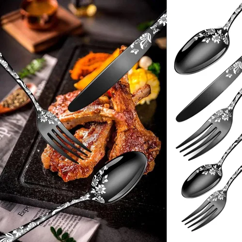 Vista 3 de Juego de cubiertos para 12 cubiertos, 60 piezas, diseño único de patrón de flores, utensilios de cocina de acero inoxidable, juego de cubiertos Oro
