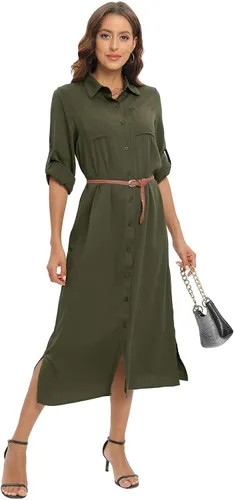 Vista 2 de ETOSELL Vestido largo de manga enrollada con botones y abertura para mujer, elegante, casual, con cinturón