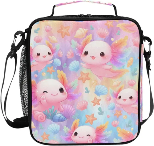 Vista 20 de Lonchera con patrón de cuadros blancos y negros, bolsa de almuerzo aislada, bolsa de preparación para niños, correa de hombro congelable a001