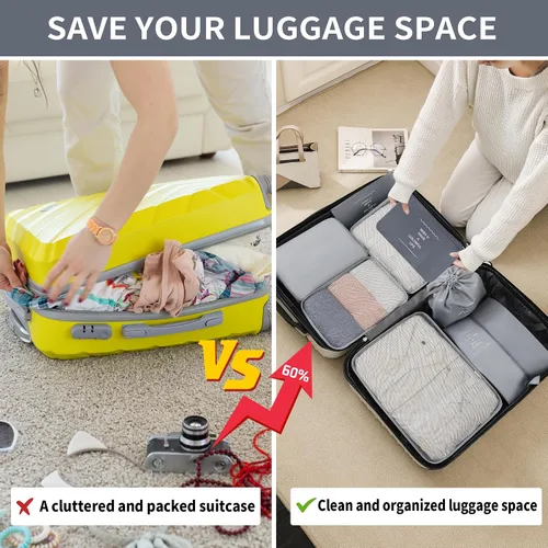 Vista 5 de Juego de 7 cubos de embalaje, esenciales de viaje para llevar de mano, organizadores de equipaje de viaje ligeros esenciales, ropa y zapatos, cubo