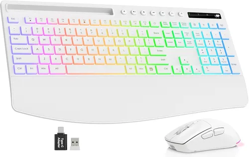 Vista 10 de Trueque Combo de teclado y mouse inalámbricos, teclado retroiluminado recargable de 4000 mAh con reposamuñecas y soporte para teléfono, escritura