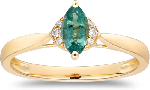 Vista 2 de Gin & Grace Anillo de oro amarillo de 14 quilates con esmeralda natural de Zambia con diamantes naturales para mujer. Joyería hecha a mano de pera