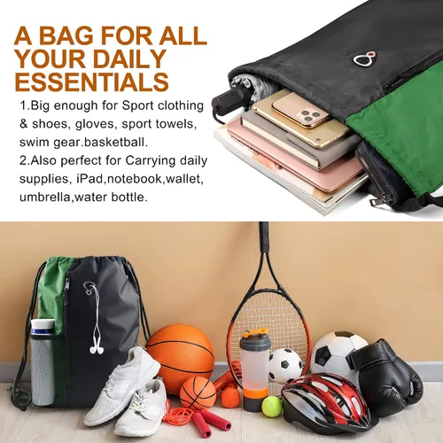 Vista 2 de Mochila con cordón, con estilo deportivo, bolsa de gimnasio para mujeres, hombres y niños, bolsa de gran tamaño con zíper y bolsillos de malla