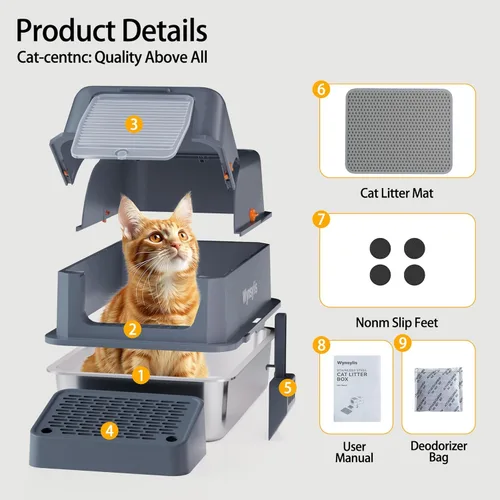 Vista 7 de XL - Caja de arena para gatos grandes de acero inoxidable con tapa High sides, stainless pan, flip-top lid, step, mat, scoop, filter; for large