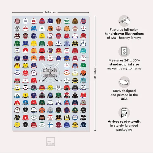 Vista 2 de Pop Chart Compendio visual de camisetas de hockey Póster artístico grande de 24 x 36 pulgadas Historia completa de la NHL y uniformes