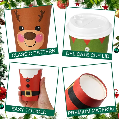 Vista 3 de 200 vasos de papel de Navidad de 12 onzas con tapas, tazas de té desechables de Navidad para bebidas frías, chocolate caliente, chocolate caliente