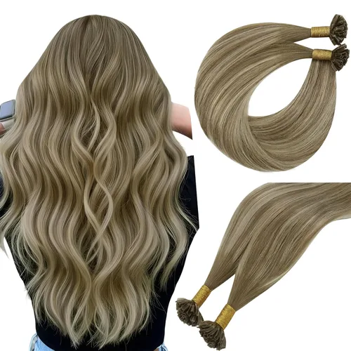 Vista 24 de Easyouth Extensión de cabello humano rubio con cola de caballo, extensiones de cabello humano rubio dorado con reflejos rubios, extensiones
