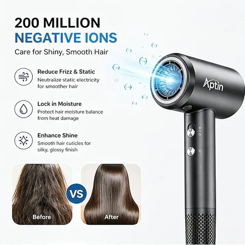 Vista 2 de Secador de pelo Ionic de 110, 000 rpm, motor de alta velocidad, secado ultrarrápido, 200 millones de iones negativos para reducción