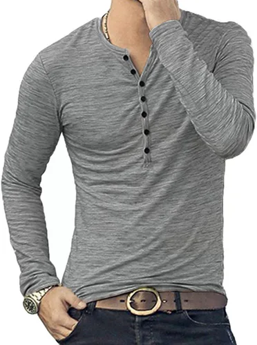 Vista 27 de KUYIGO Camisas Henley para hombre, estilo casual, ajustadas, básicas, de A01 Negro Puro