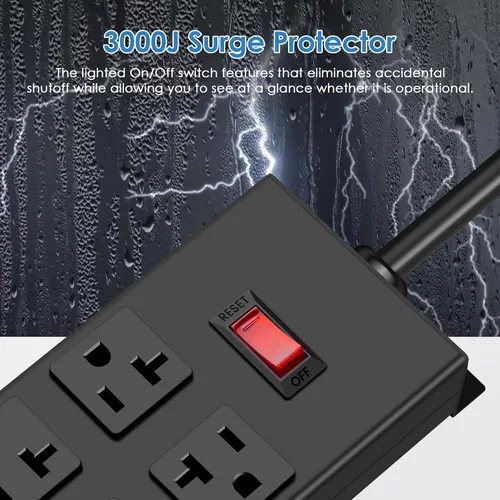 Vista 3 de JUNNUJ Regleta de alimentación resistente de 20 amperios, garaje 6 salidas de metal calibre 12, protector de sobretensiones 3000J, adaptador 5-15P