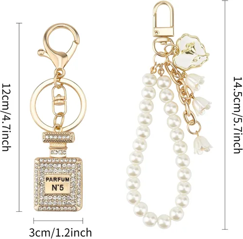 Vista 7 de Lindo llavero de perfume para mujeres y niñas, con diamantes de imitación, bolso de mano, dijes para guitarra, coche, llaveros, bolsa, mochila