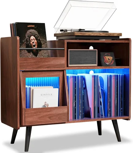 Vista 7 de Soporte grande para tocadiscos con puerta corredera, gabinete de almacenamiento para 350 discos de vinilo, mesa para tocadiscos con toma
