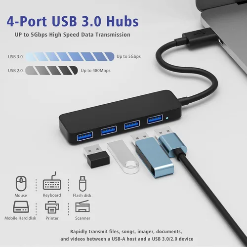Vista 2 de Concentrador USB 3.0, divisor de concentrador USB de 4 puertos, expansor USB ultrafino, concentrador USB portátil para laptop, Xbox, unidad flash