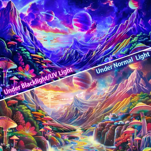Vista 4 de Lahasbja Blacklight Galaxy Planet Tapiz UV Reactive Hongo Colgante de Pared Fantasía Estrellas Estrelladas Paisaje Montaña Paisaje Luz Negra Póster